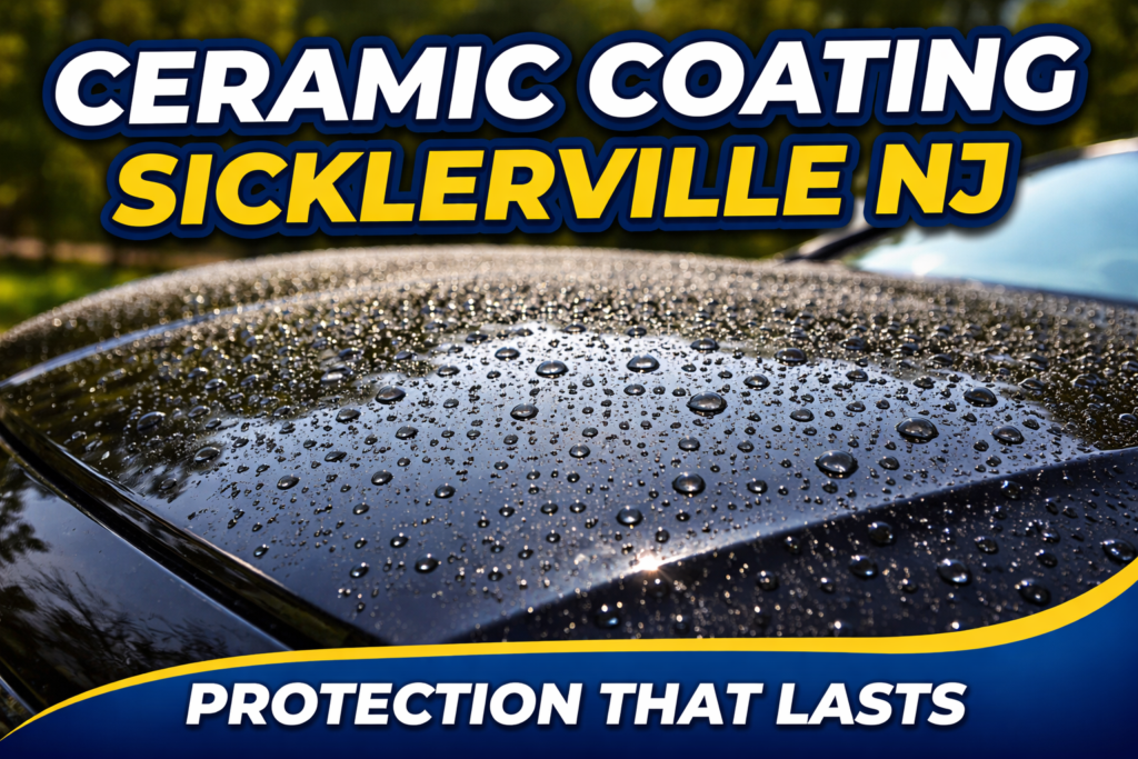 Ceramic coating Sicklerville NJ service showing hydrophobic water beading on black vehicle