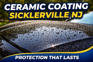 Ceramic coating Sicklerville NJ service showing hydrophobic water beading on black vehicle